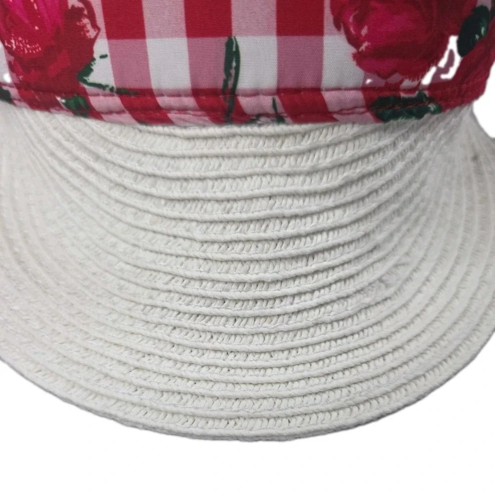 Betsey Johnson Gingham Rose Straw Sun Visor Hat Tie Back Bow Cottagecore Summer